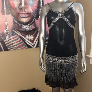 Basix II vintage silver beaded jewel dress flapper 100% silk vtg black 1920s